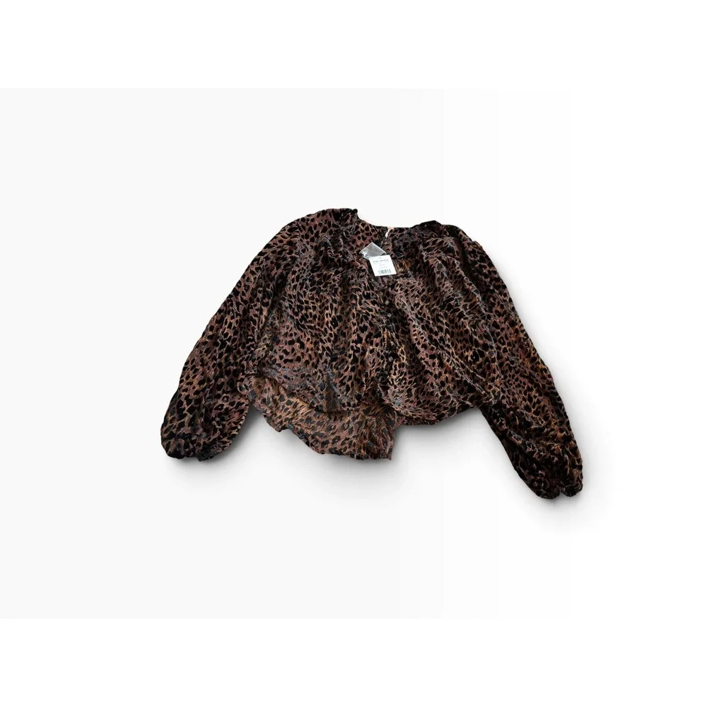 Free People Blouse XS Beige Leopard Print Velvet Burnout Button Front NWT